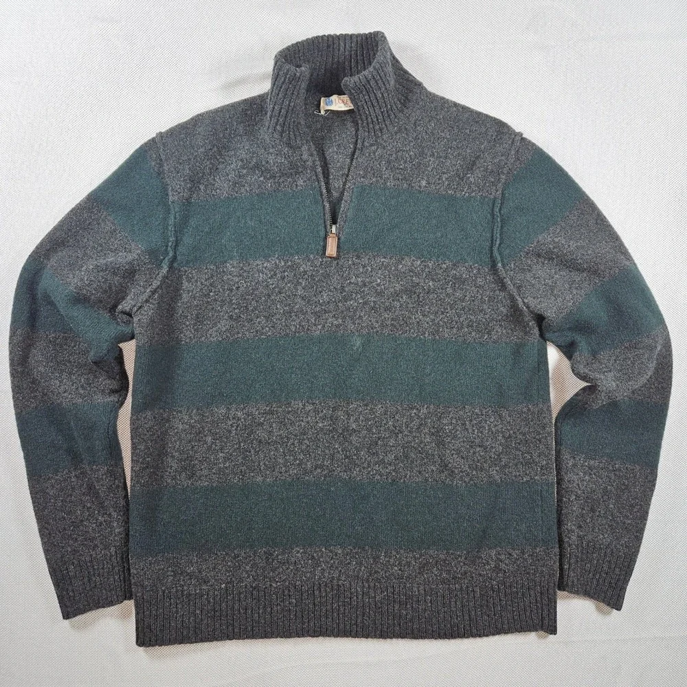 J Crew Mens Striped Quarter Zip Pullover Sweater 100 Percent Lambs Wool